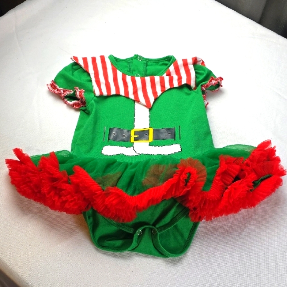 Infant Girl's Festive Elf Outfit One Piece Tutu Snaps Christmas Sz 80/ 9-12 mos.
